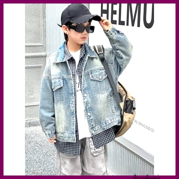 Boys Oversized Denim Jacket Soft Vintage Fit Trucker Style Layering - Picture 2 of 7